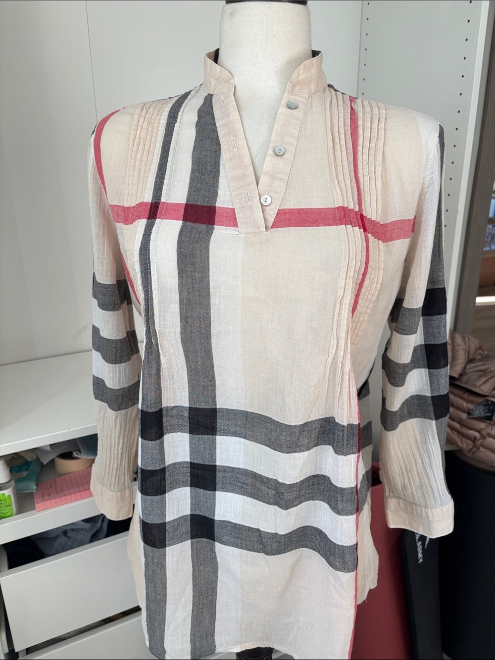 Cream Plaid Pintuck Popover Blouse